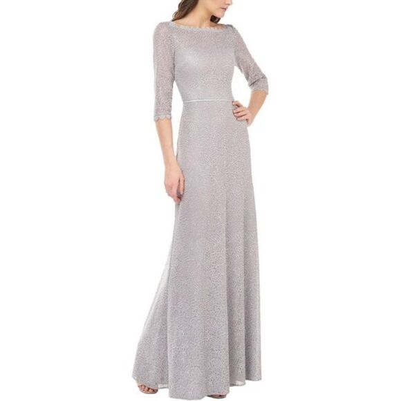 NWT JS Collection Metalic Lace 3/4 Sleeve A-Line gown - Picture 1 of 12